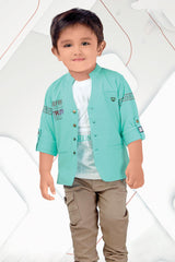 Stylish Blue Blazer With Printed White T-shirt And Beige Jeans Pant Set For Boys - Lagorii Kids