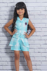 Stylish Blue Checked Peplum Top With Shorts Set For Girls - Lagorii Kids