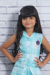 Stylish Blue Checked Peplum Top With Shorts Set For Girls - Lagorii Kids