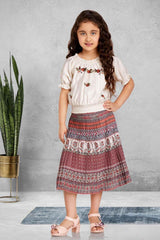 Stylish Brown Printed Skirt Set With Beige Top With Puffed Sleeves For Girls - Lagorii Kids