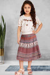 Stylish Brown Printed Skirt Set With Beige Top With Puffed Sleeves For Girls - Lagorii Kids