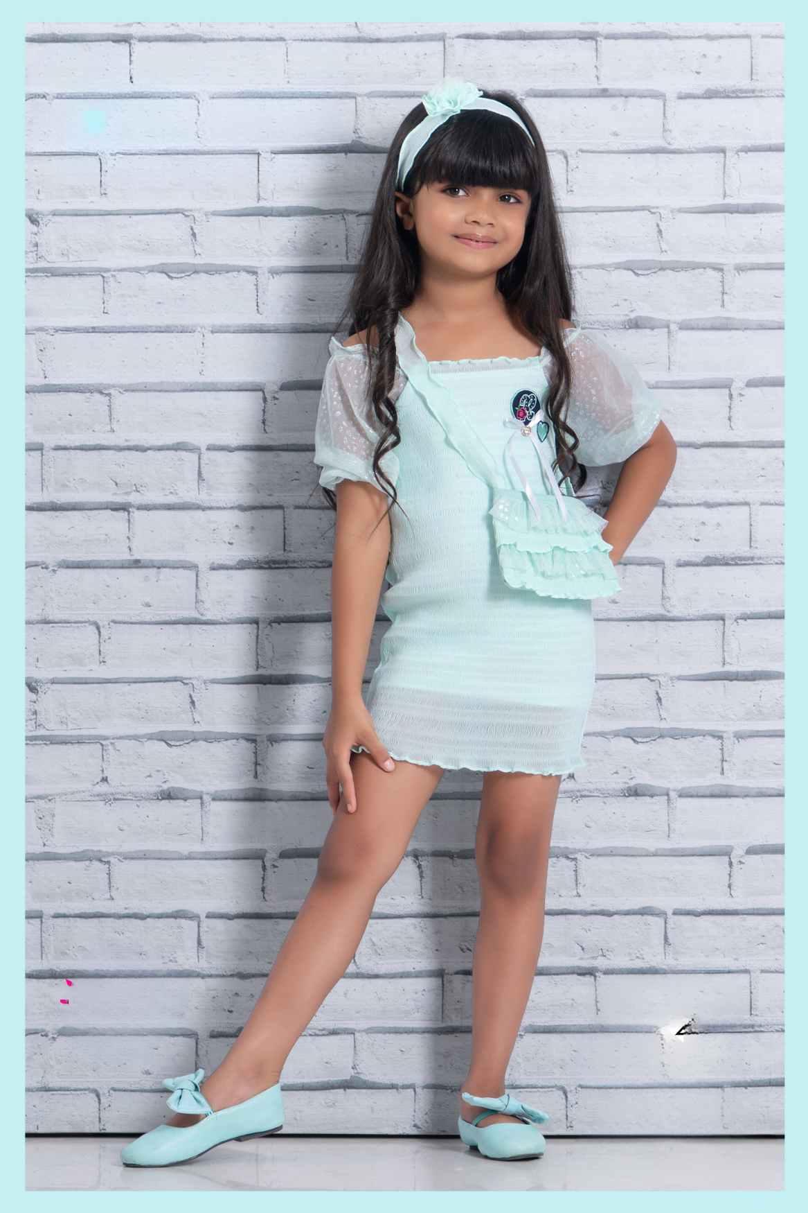 Stylish Chiffon Blue Dress With Puffed Sleeves For Girls - Lagorii Kids