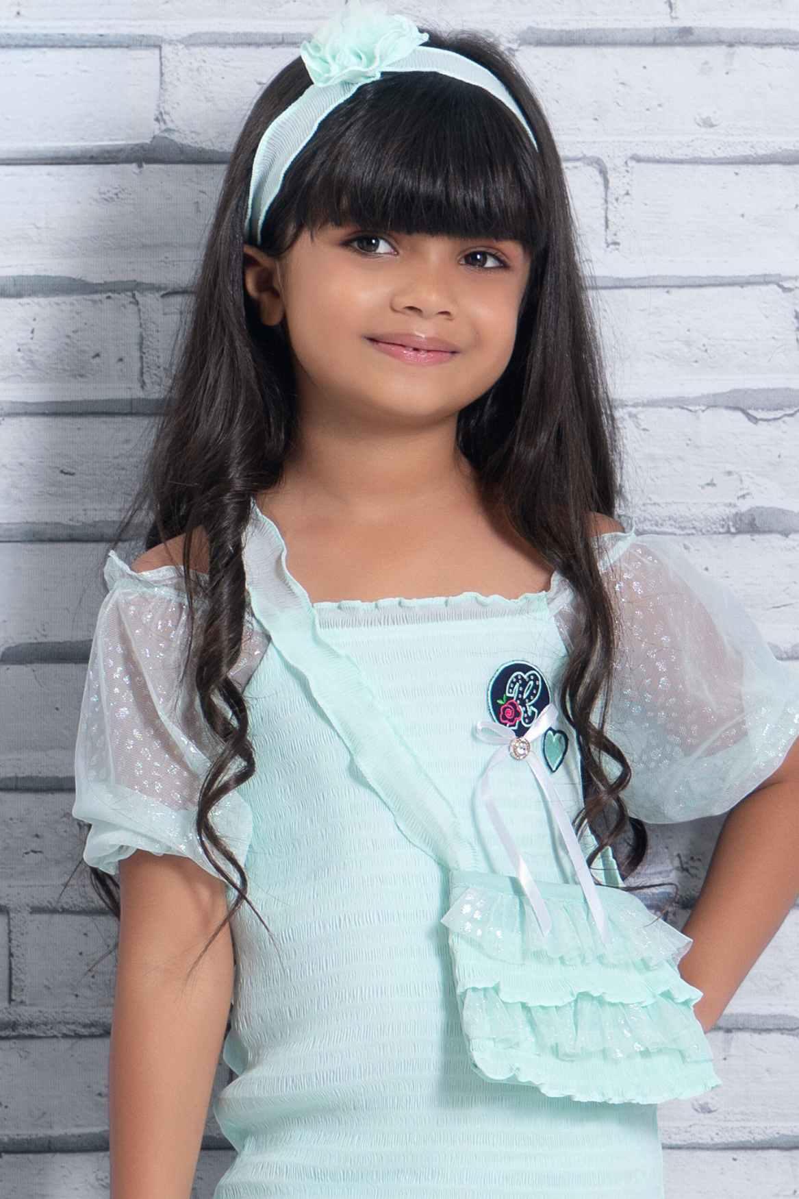 Stylish Chiffon Blue Dress With Puffed Sleeves For Girls - Lagorii Kids