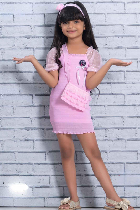 Stylish Chiffon Pink Dress With Puffed Sleeves For Girls - Lagorii Kids