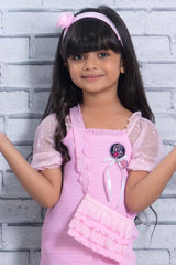 Stylish Chiffon Pink Dress With Puffed Sleeves For Girls - Lagorii Kids