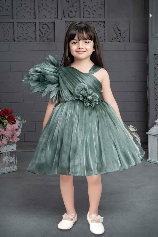 Stylish Green Frock With Asymmetric Sleeves And Floral Embellishments For Girls - Lagorii Kids