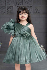 Stylish Green Frock With Asymmetric Sleeves And Floral Embellishments For Girls - Lagorii Kids