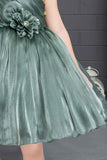 Stylish Green Frock With Asymmetric Sleeves And Floral Embellishments For Girls - Lagorii Kids
