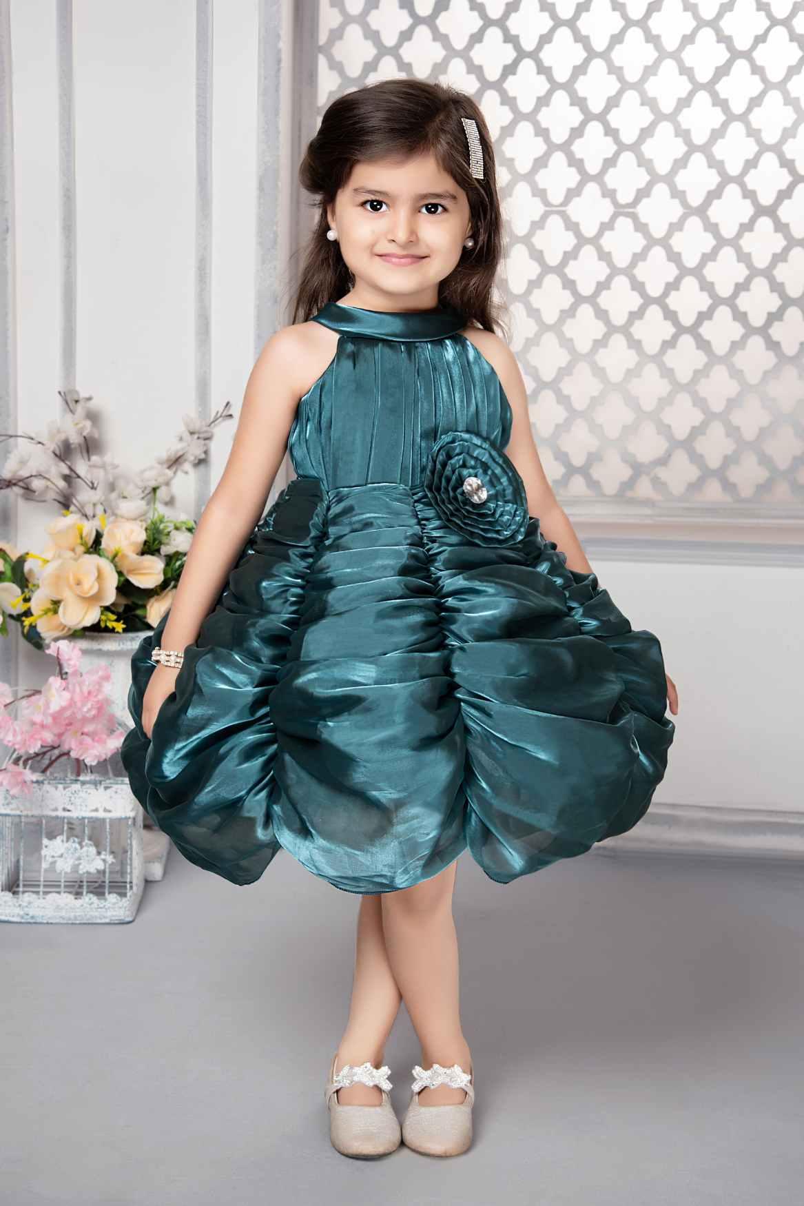 Stylish Green Layered Frock With Floral Embellishment For Girls - Lagorii Kids