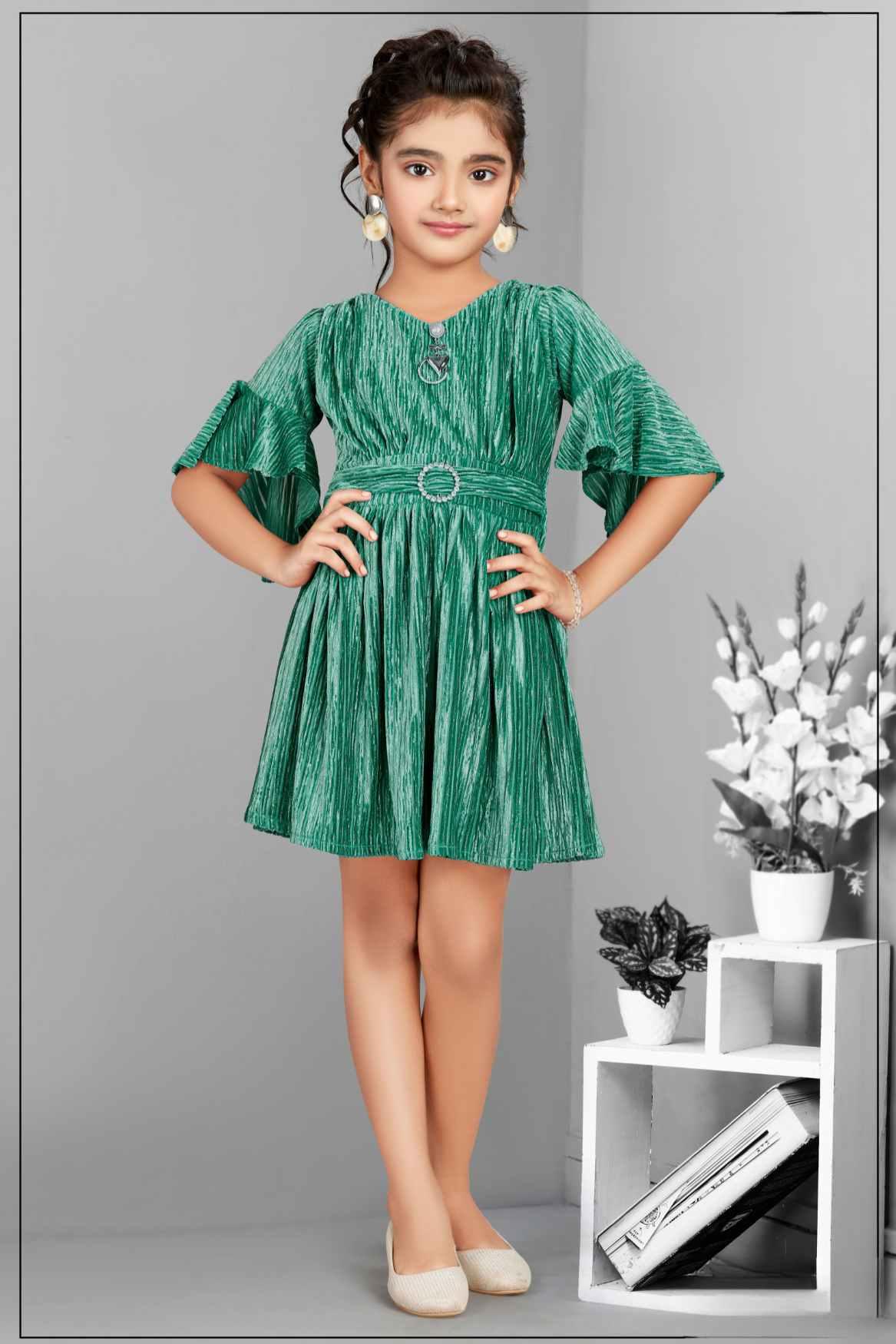 Stylish Green Partywear Dress With Ruffled Sleeves For Girls - Lagorii Kids