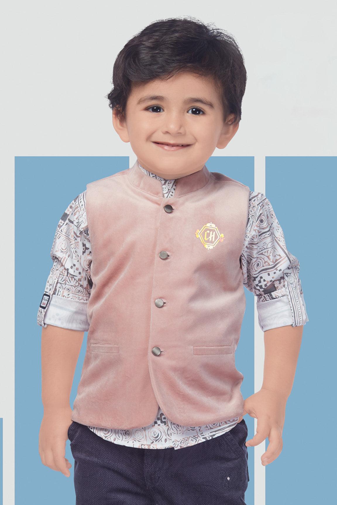 Stylish Peach Waistcoat With Printed Shirt With Navy Blue Pants For Boys - Lagorii Kids
