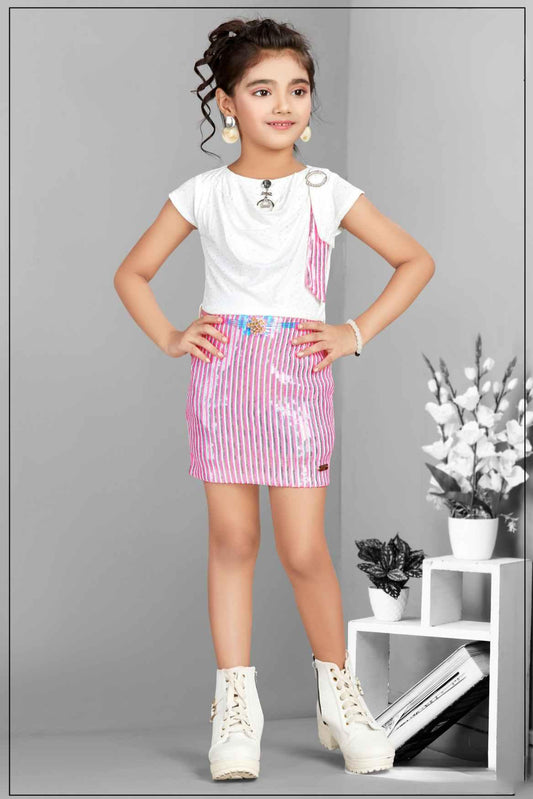 Stylish Pink And White Sequin One Piece Dress For Girls - Lagorii Kids