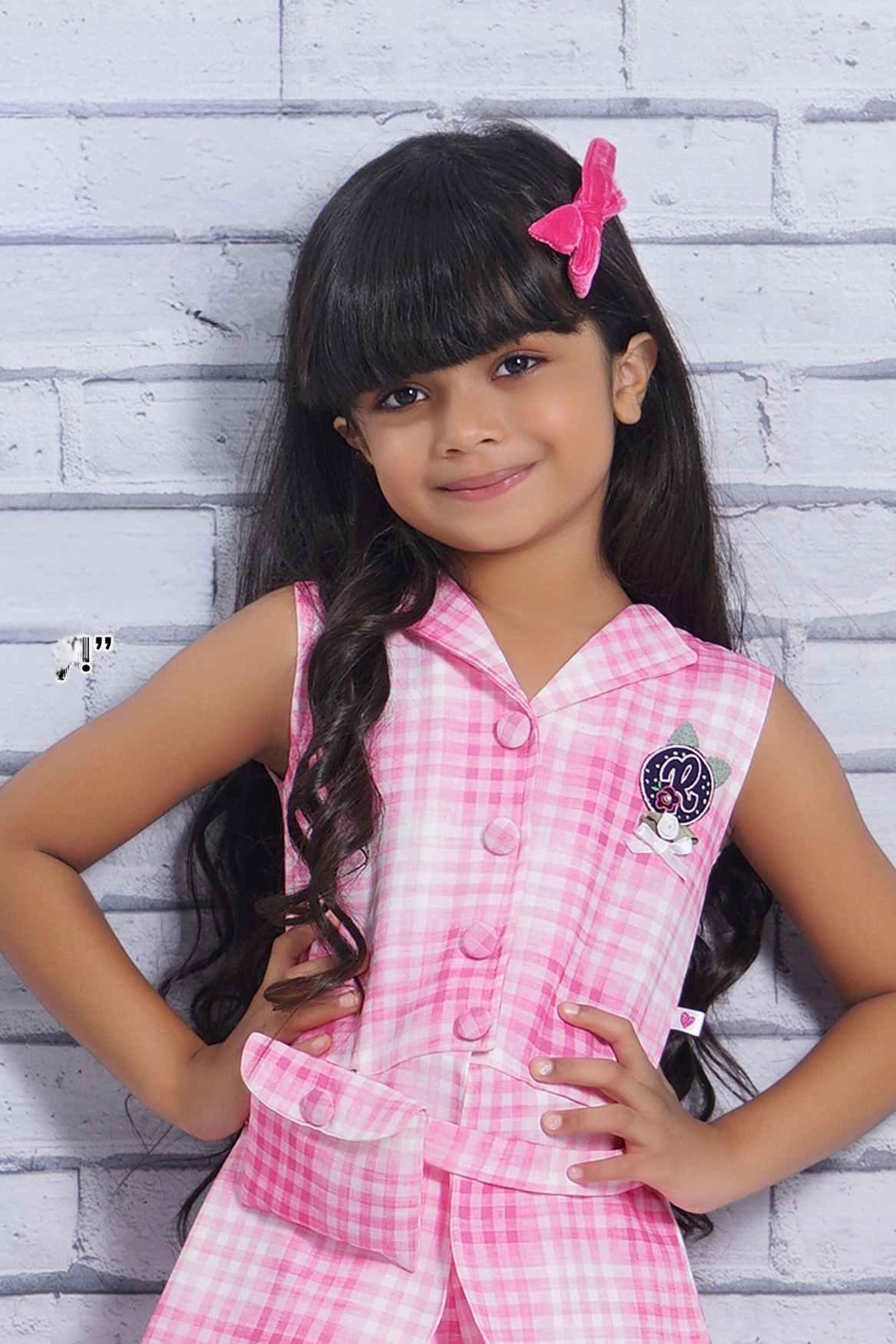 Stylish Pink Checked Peplum Top With Shorts Set For Girls - Lagorii Kids