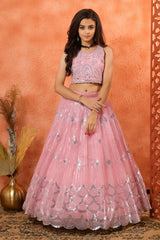 Stylish Pink Lehenga with Silver Sequin Work For Girls - Lagorii Kids