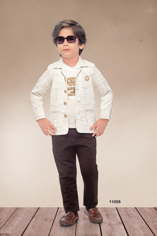 Stylish Printed Cream Blazer And T-Shirt And Brown Pant Set For Boys - Lagorii Kids