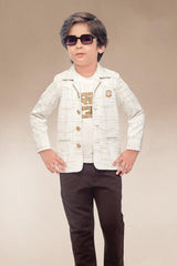 Stylish Printed Cream Blazer And T-Shirt And Brown Pant Set For Boys - Lagorii Kids