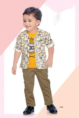 Stylish Printed Over-Shirt With Yellow T-shirt And Brown Pant Set For Boys - Lagorii Kids