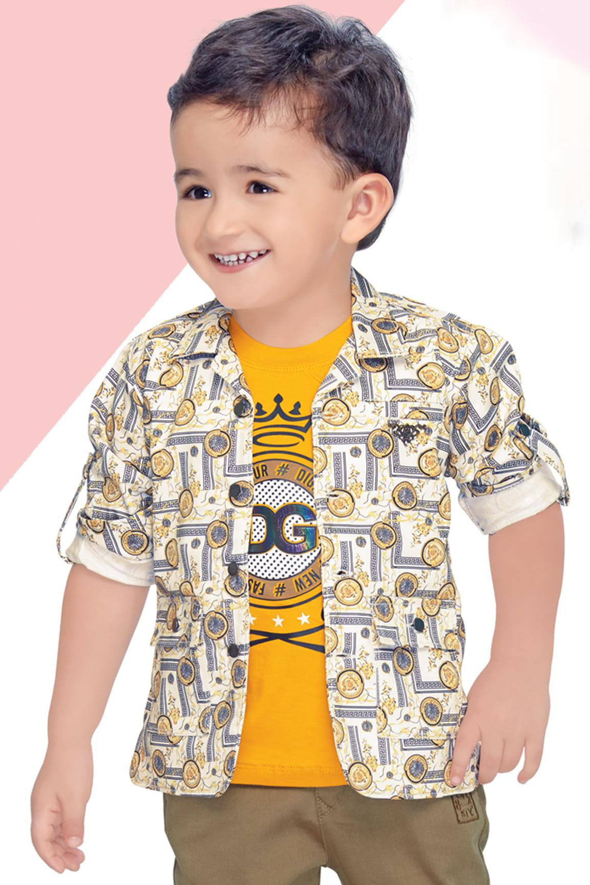 Stylish Printed Over-Shirt With Yellow T-shirt And Brown Pant Set For Boys - Lagorii Kids