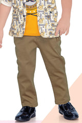 Stylish Printed Over-Shirt With Yellow T-shirt And Brown Pant Set For Boys - Lagorii Kids