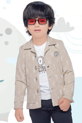 Stylish Printed Peach Blazer With White T-Shirt And Black Pant Set For Boys - Lagorii Kids