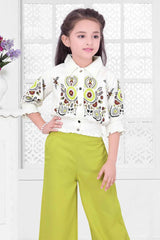 Stylish Printed White Top With Green Palazzo Set For Girls - Lagorii Kids