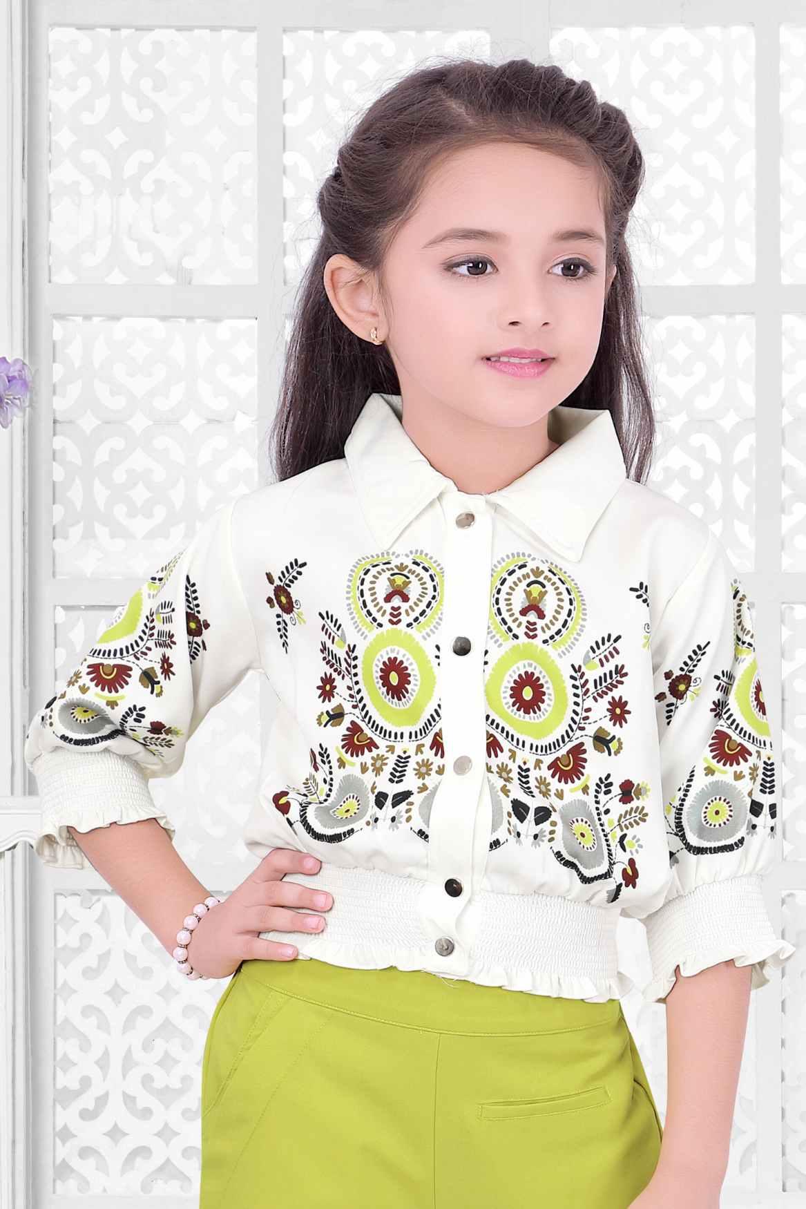 Stylish Printed White Top With Green Palazzo Set For Girls - Lagorii Kids