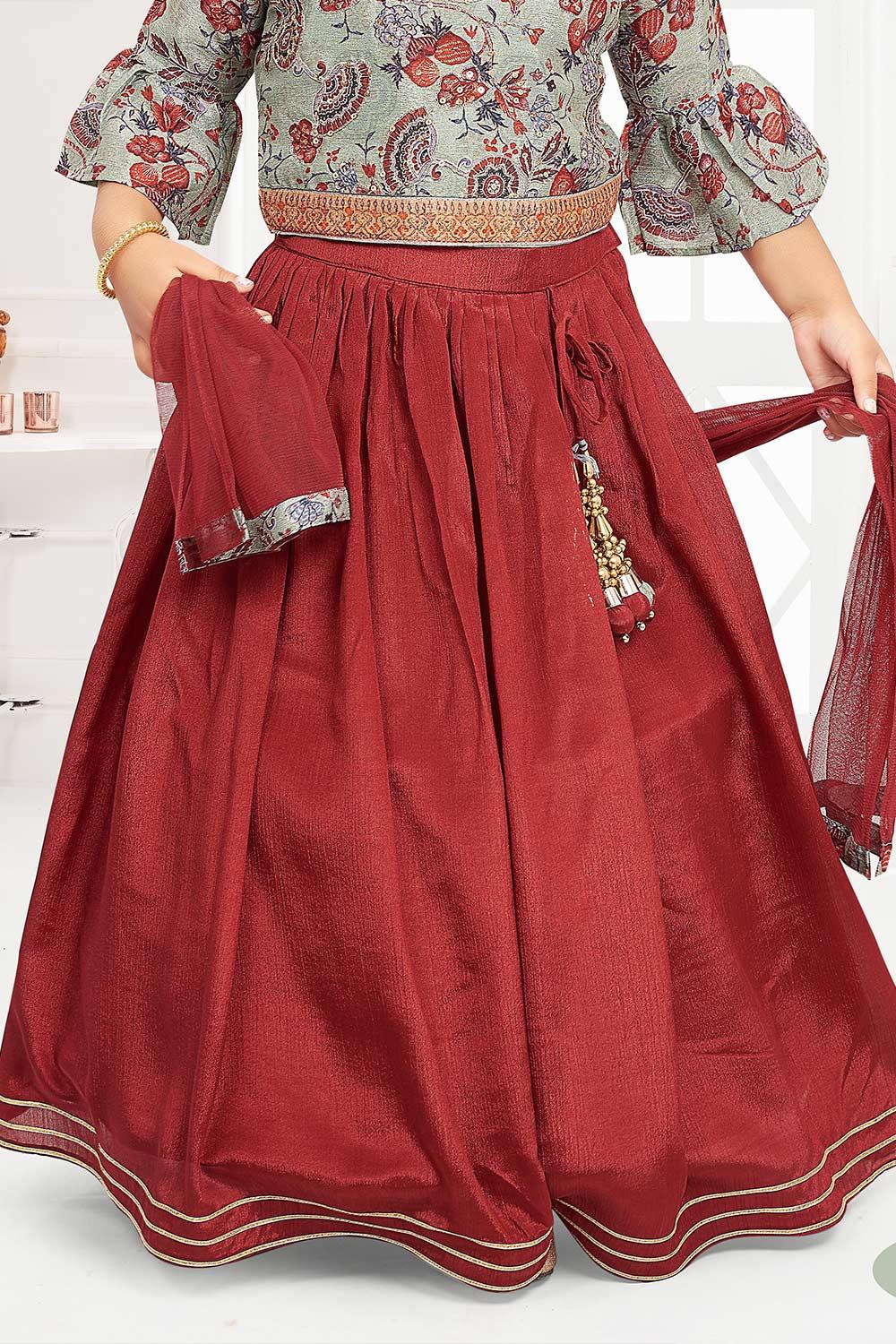 Buy Golden Maroon Embroidery Lehenga with 3D Flowers Choli Organza Dupatta  for Girls Online