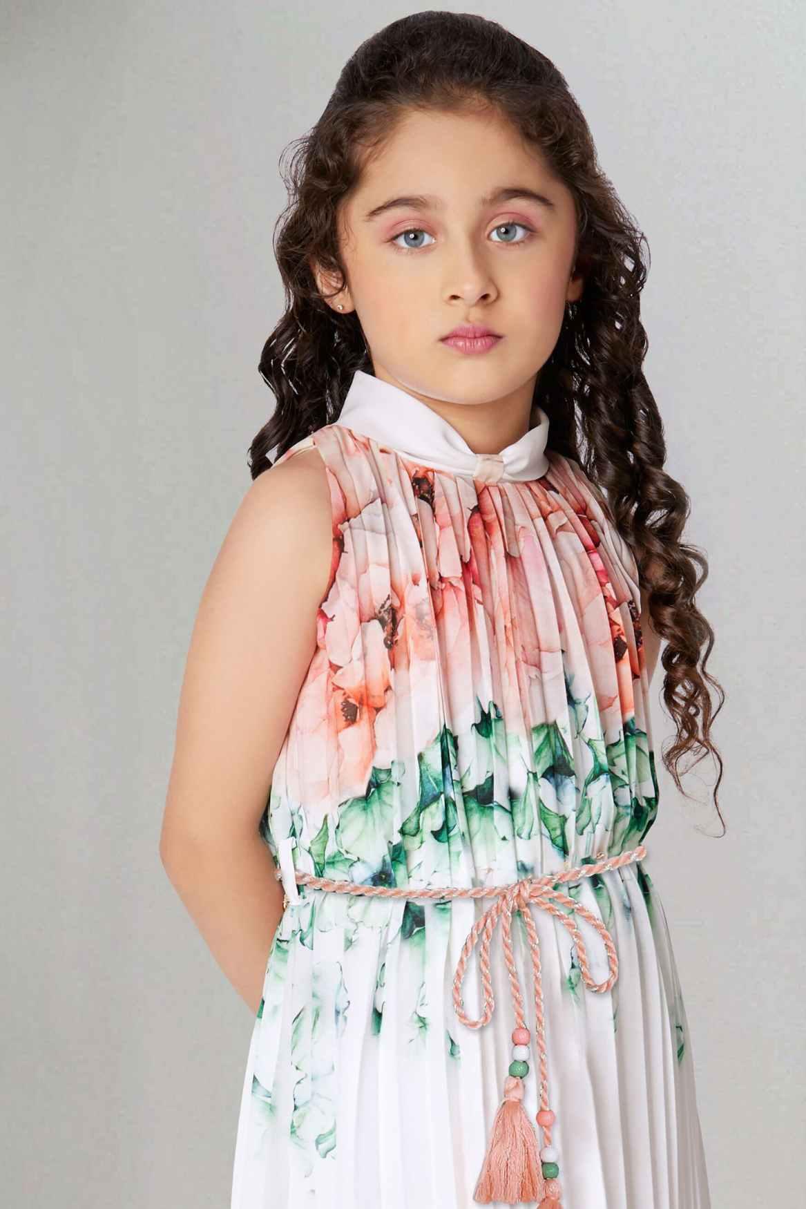 Stylish White Dress With Floral Print For Girls - Lagorii Kids