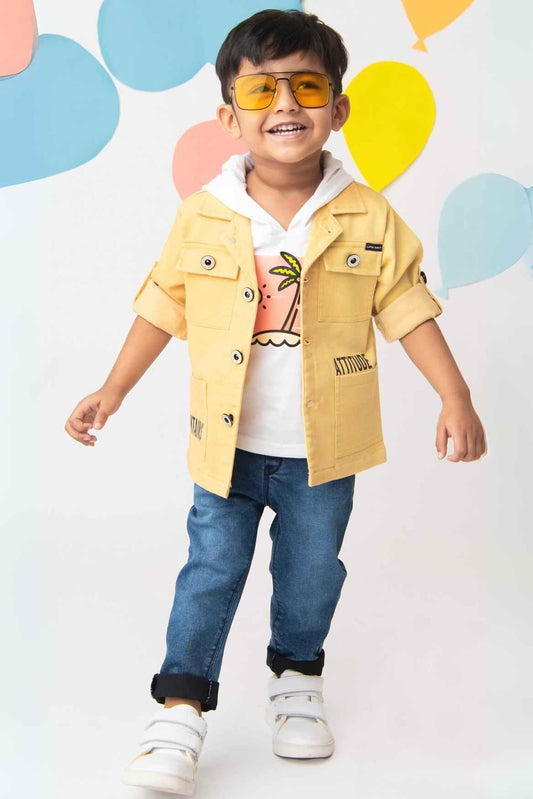 Stylish White Hoodie T-Shirt With Yellow Coat And Denim Pant Set For Boys - Lagorii Kids