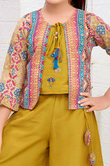 Sunshine Chic: Girls' Crop Top with Vibrant Printed Coat & Mustard Palazzo Pant. - Lagorii Kids