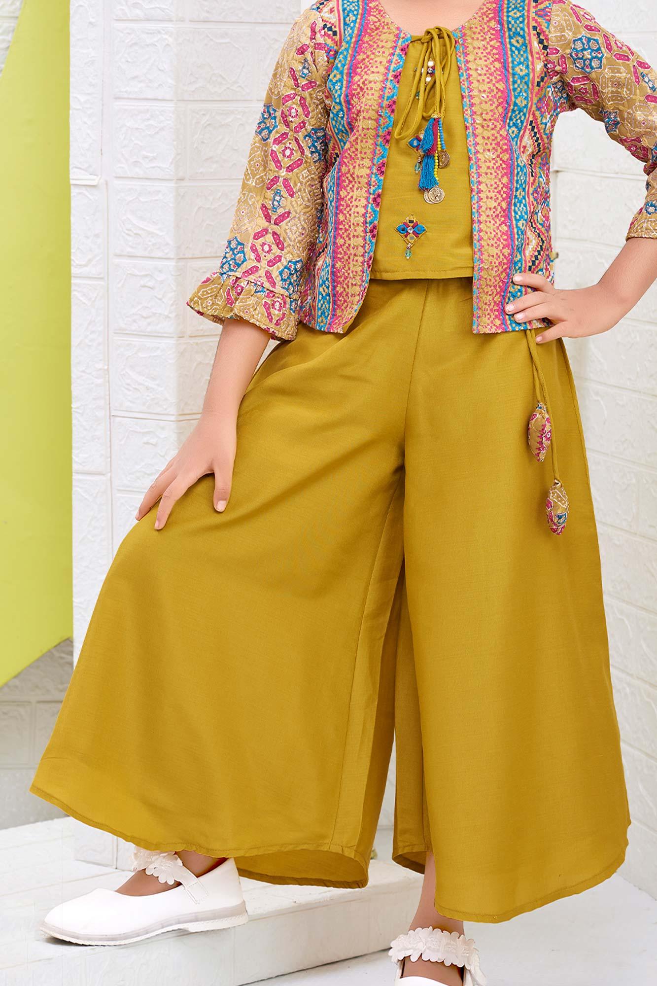 Mellow yellow printed crop top and flared palazzo with jacket - Set Of  Three by Rivaaj