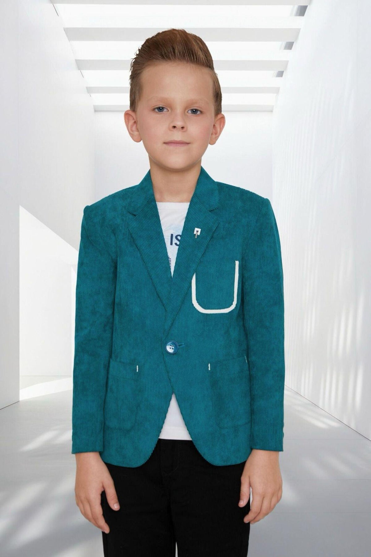 Teal Blue Blazer With White Printed T-shirt For Boys - Lagorii Kids
