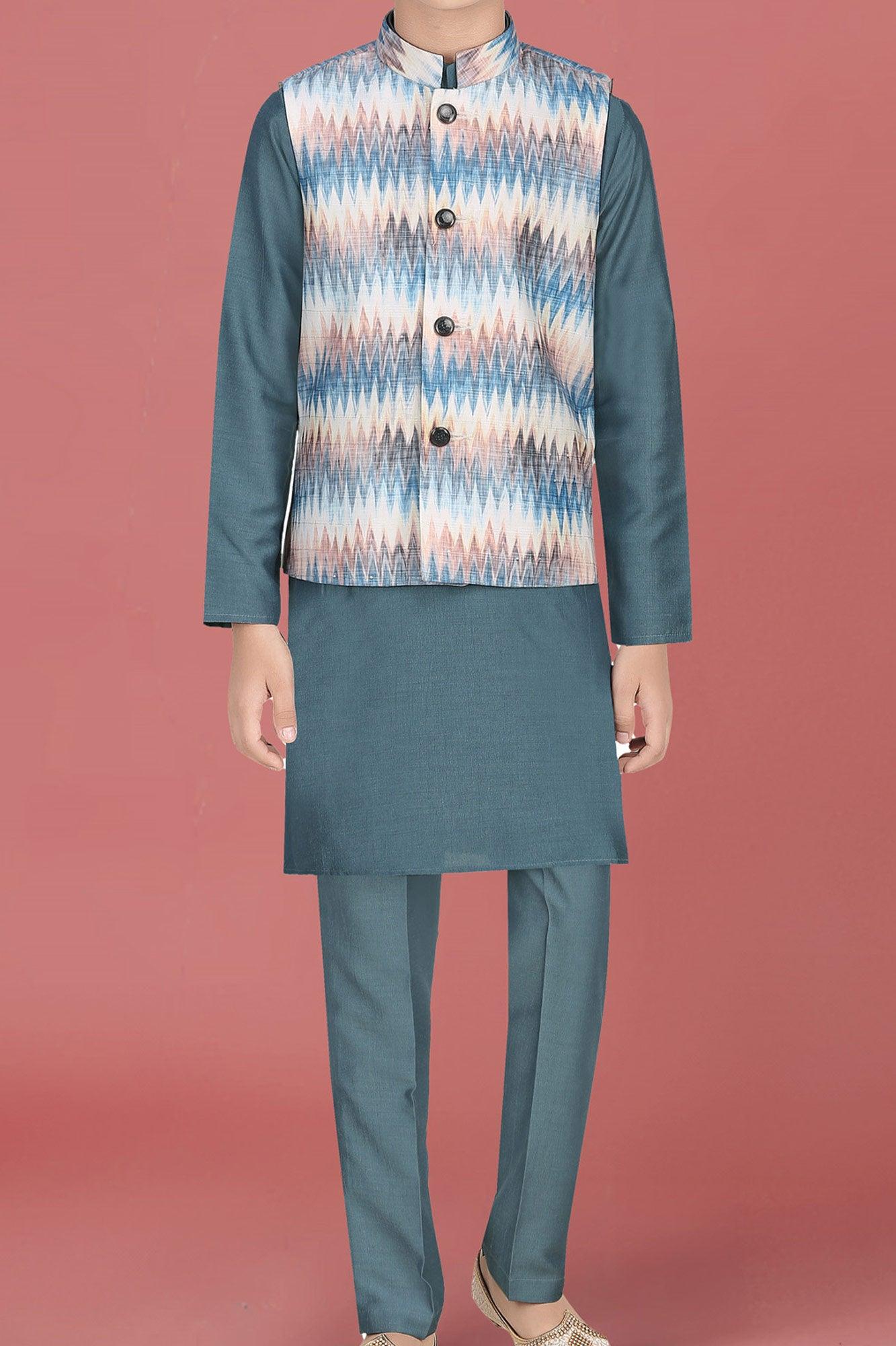 Teal Kurta Pajama Set with Nehru coat for Boys. - Lagorii Kids