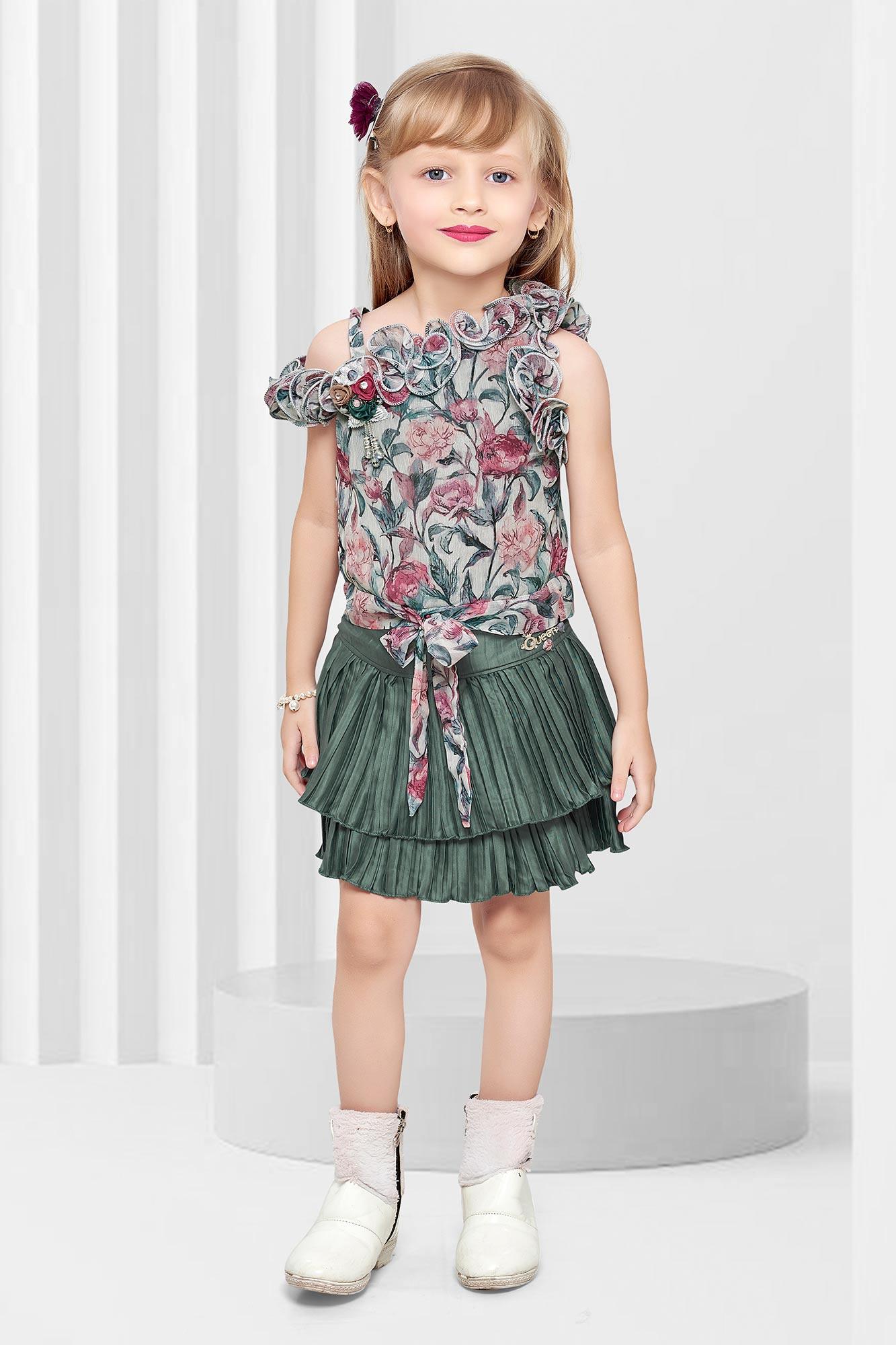 Teal Dream: Floral Print Top & Skirt Set for girls. - Lagorii Kids