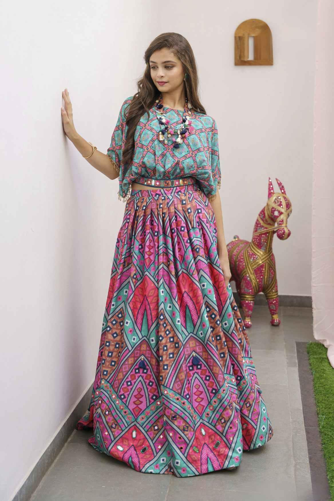 Teal Green & Pink Printed Ghagra-Choli Set With Elegant Mirror Work For Girls - Lagorii Kids