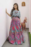 Teal Green & Pink Printed Ghagra-Choli Set With Elegant Mirror Work For Girls - Lagorii Kids