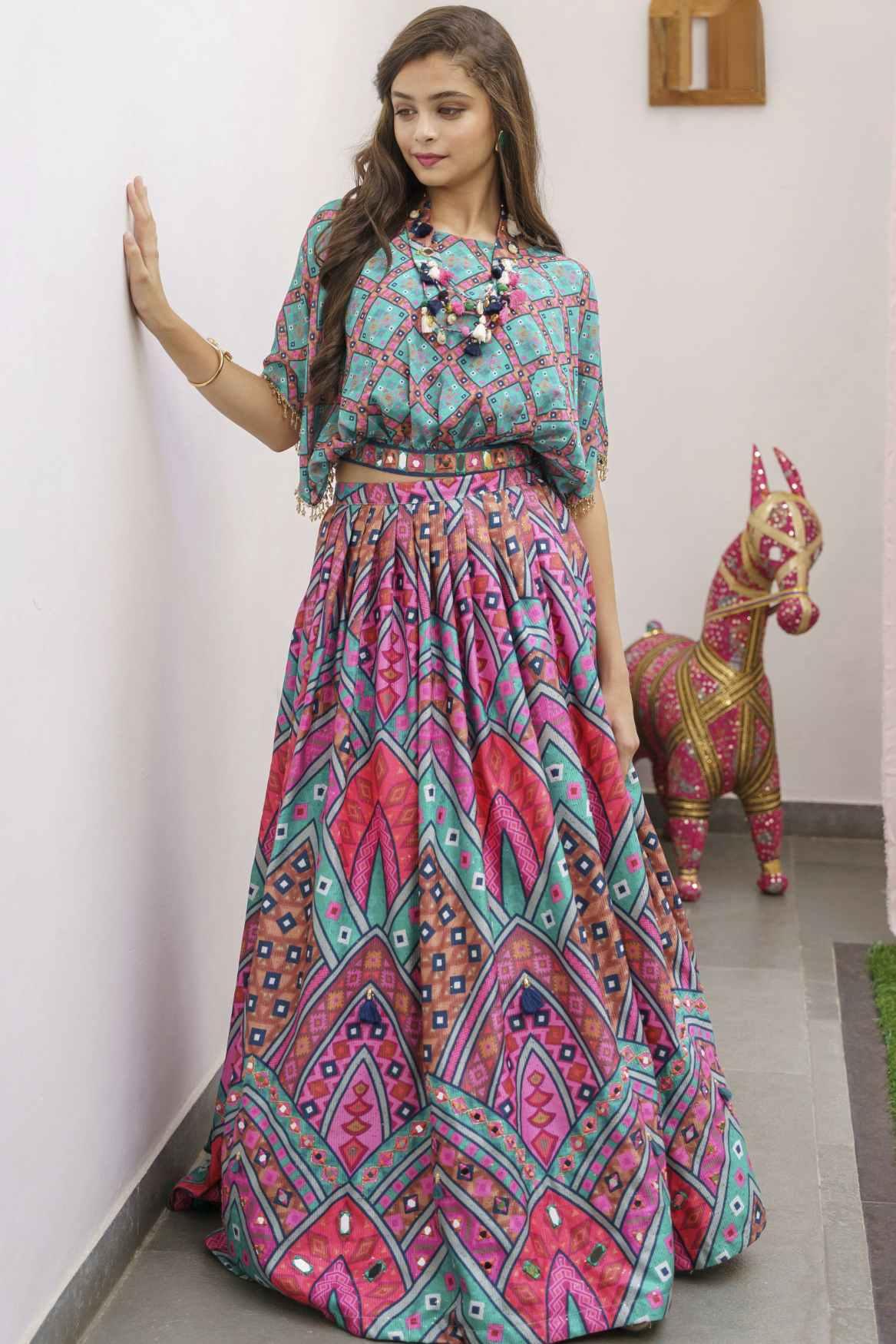 Teal Green & Pink Printed Ghagra-Choli Set With Elegant Mirror Work For Girls - Lagorii Kids