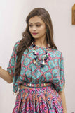 Teal Green & Pink Printed Ghagra-Choli Set With Elegant Mirror Work For Girls - Lagorii Kids