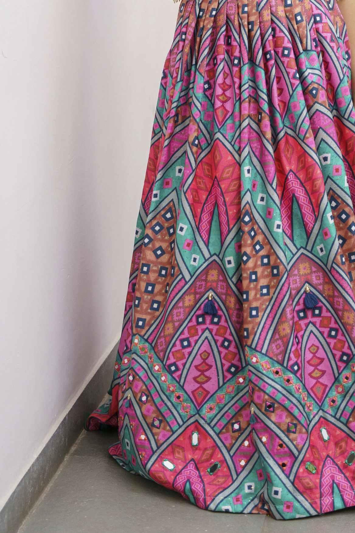Teal Green & Pink Printed Ghagra-Choli Set With Elegant Mirror Work For Girls - Lagorii Kids