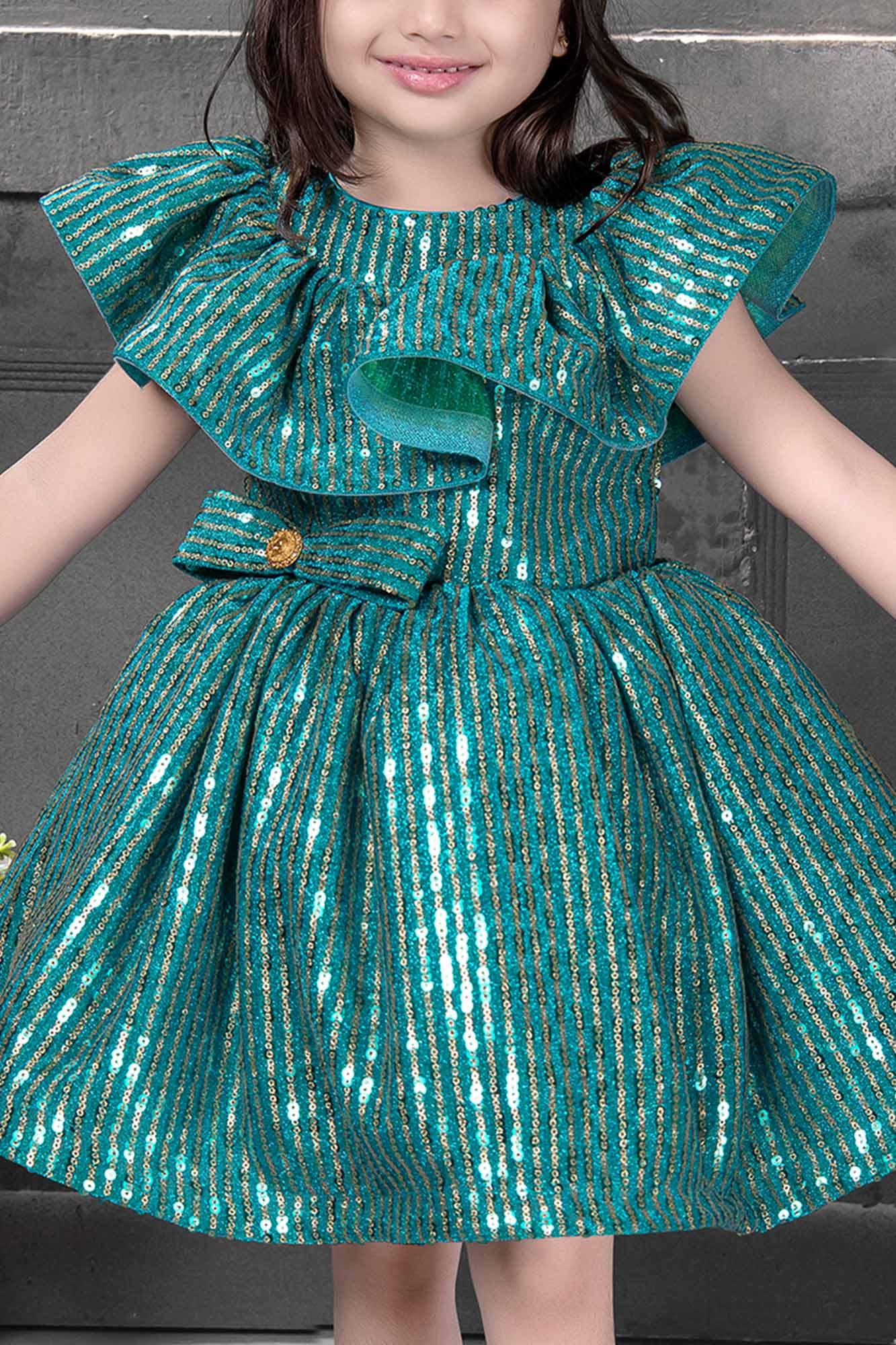 Teal green sequins frock fork girls - Lagorii Kids