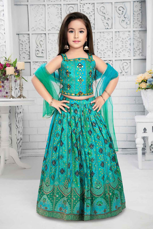 Buy Pink Mirrorwork Fabric Embroidered Work Chevron Lehenga Set For Girls  by FAYON KIDS Online at Aza Fashions.