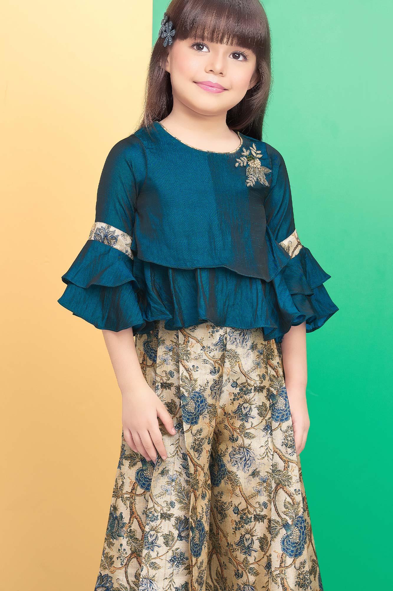 Teal Tranquility Girls' Top with Floral Golden Wide Leg Palazzo. - Lagorii Kids