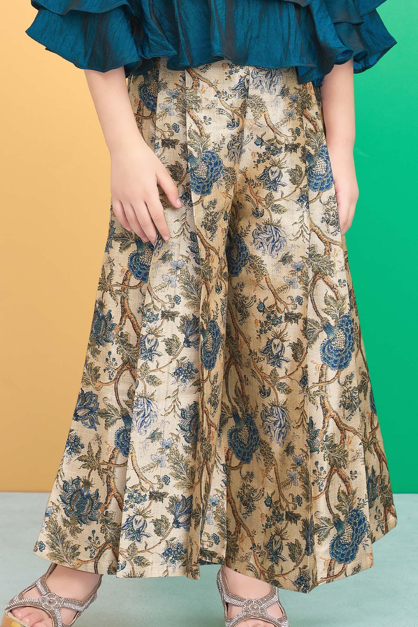 Teal Tranquility Girls' Top with Floral Golden Wide Leg Palazzo. - Lagorii Kids