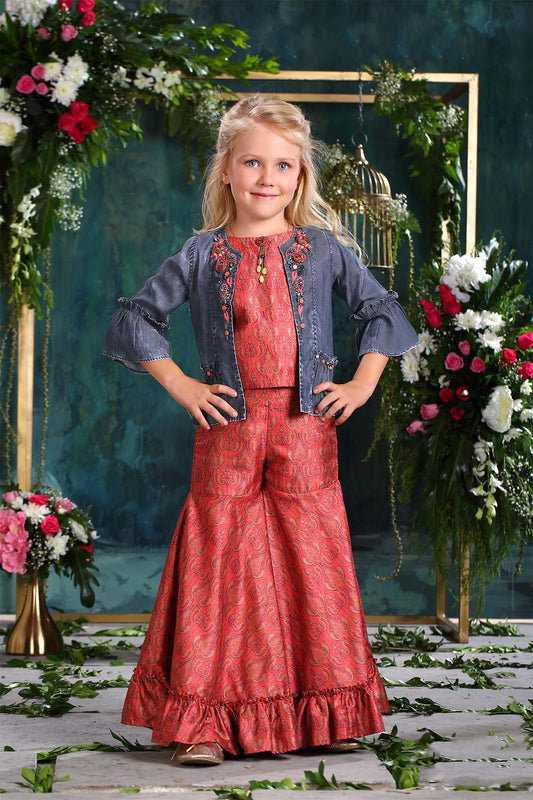 Tomato Red Crop Top and Palazzo Set with Blue Overcoat for Girls - Lagorii Kids