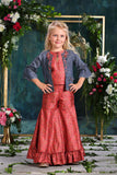 Tomato Red Crop Top and Palazzo Set with Blue Overcoat for Girls - Lagorii Kids