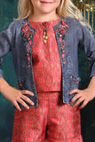 Tomato Red Crop Top and Palazzo Set with Blue Overcoat for Girls - Lagorii Kids