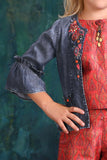 Tomato Red Crop Top and Palazzo Set with Blue Overcoat for Girls - Lagorii Kids