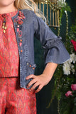 Tomato Red Crop Top and Palazzo Set with Blue Overcoat for Girls - Lagorii Kids