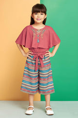 Tomato Red Elegance: Cap-Style Top and Printed Palazzo Pant Set for girls. - Lagorii Kids