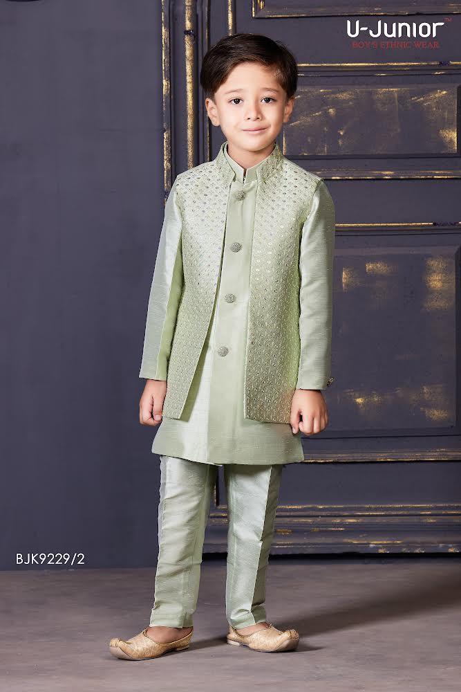 Traditional Exquisite Elegance: Pista Green Sherwani for Young Boys. - Lagorii Kids